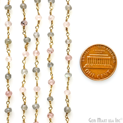 Strawberry Quartz & Labradorite Faceted Beads Gold Plated Wire Wrapped Rosary Chain