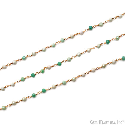 Coated Emerald Faceted 3-3.5mm Gold Plated Beaded Wire Wrapped Rosary Chain