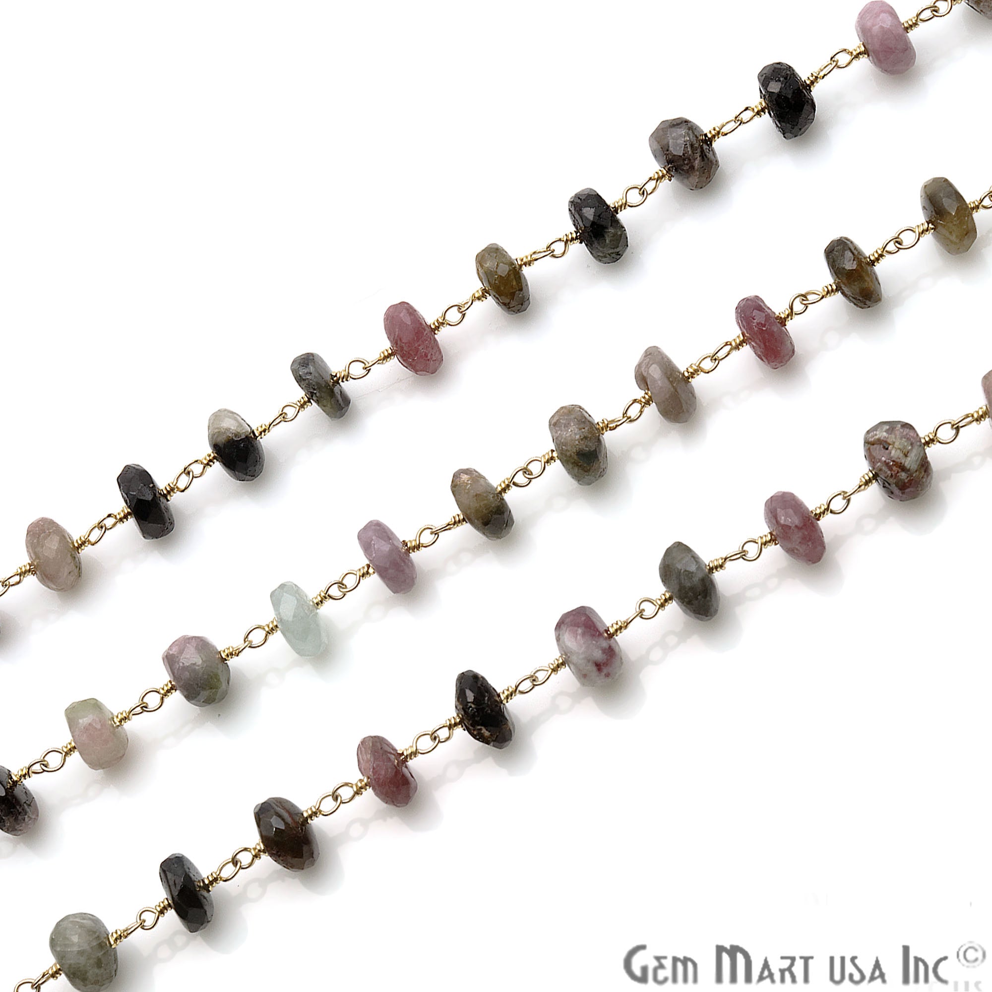 Multi Tourmaline 7-8mm Gold Plated Wire Wrapped Rondelle Rosary Chain - GemMartUSA