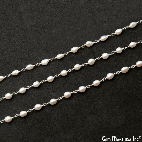 Pearl Free Form Beads 6x4mm Silver Plated Wire Wrapped Rosary Chain