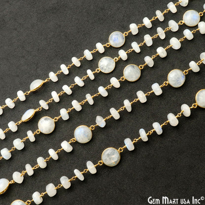 Rainbow Moonstone Cabochon Gold Plated Beads Rosary Chain