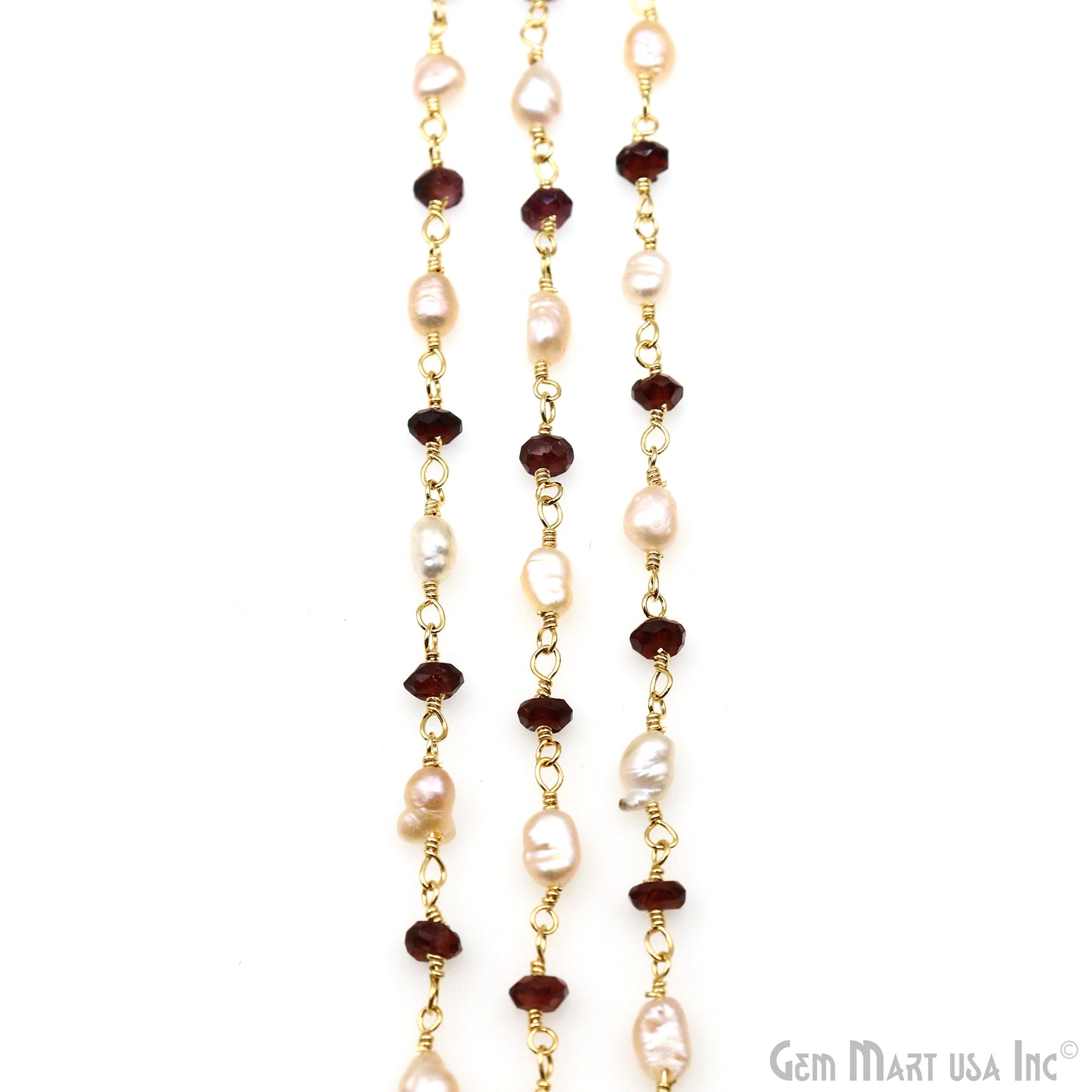 Garnet & Pink Pearl Gold Plated Wire Wrapped Rosary Chain