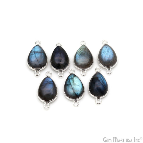 Flashy Labradorite Cabochon 10x14mm Pears Double Bail Silver Plated Gemstone Connector