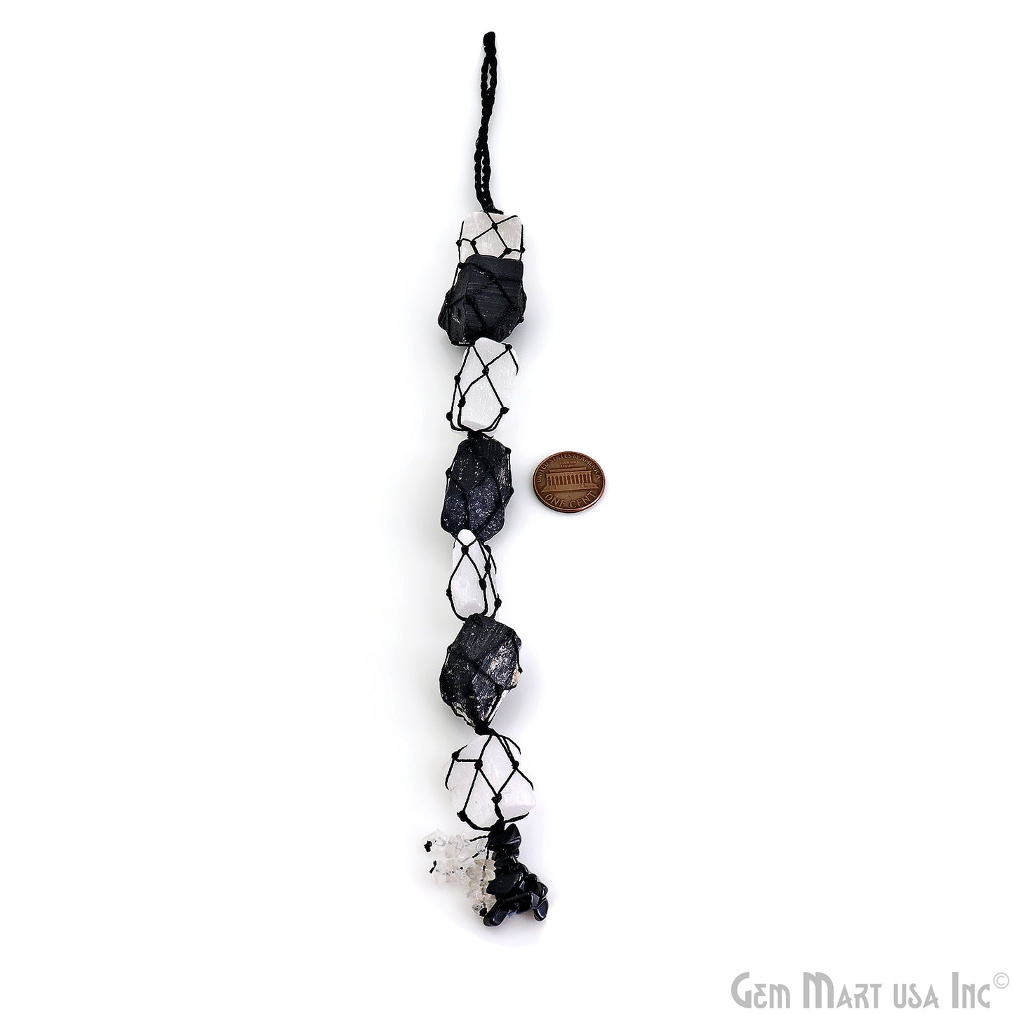 Selenite & Black Tourmaline Tumbled Gemstone Macrame Car/ Wall Crystal Hanging 11 Inch