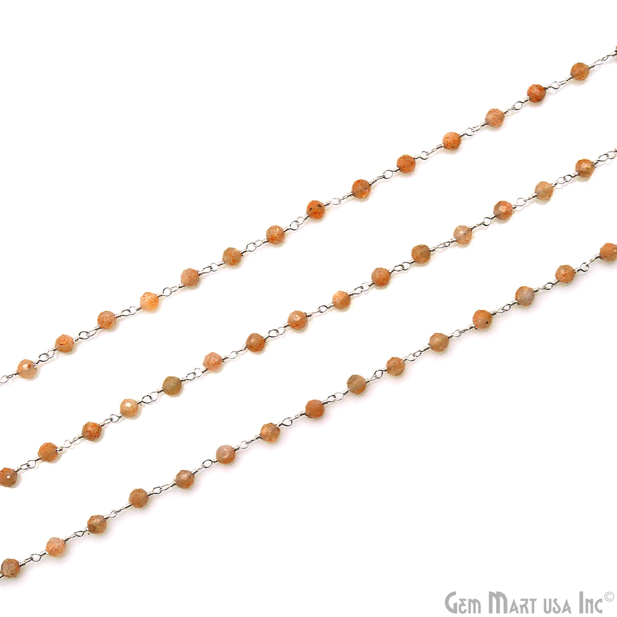 Sunstone Faceted 3-3.5mm Silver Plated Beaded Wire Wrapped Rosary Chain