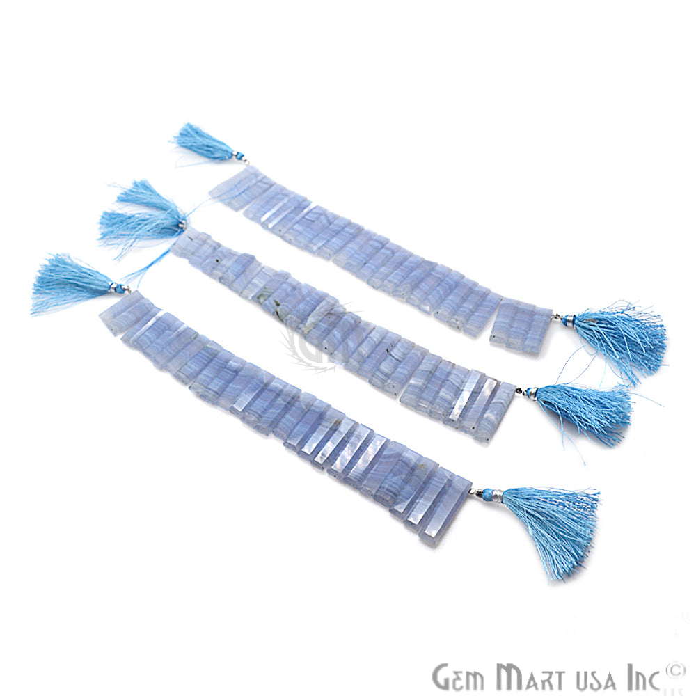 Blue Lace Agate Gemstone 24x7mm Beaded Handmade Silver Wire Rondelle Briolette - GemMartUSA