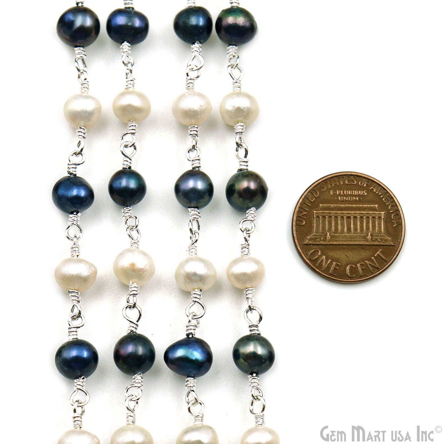 Black Pearl & Pearl Cabochon Beads 5-6mm Silver Plated Gemstone Rosary Chain