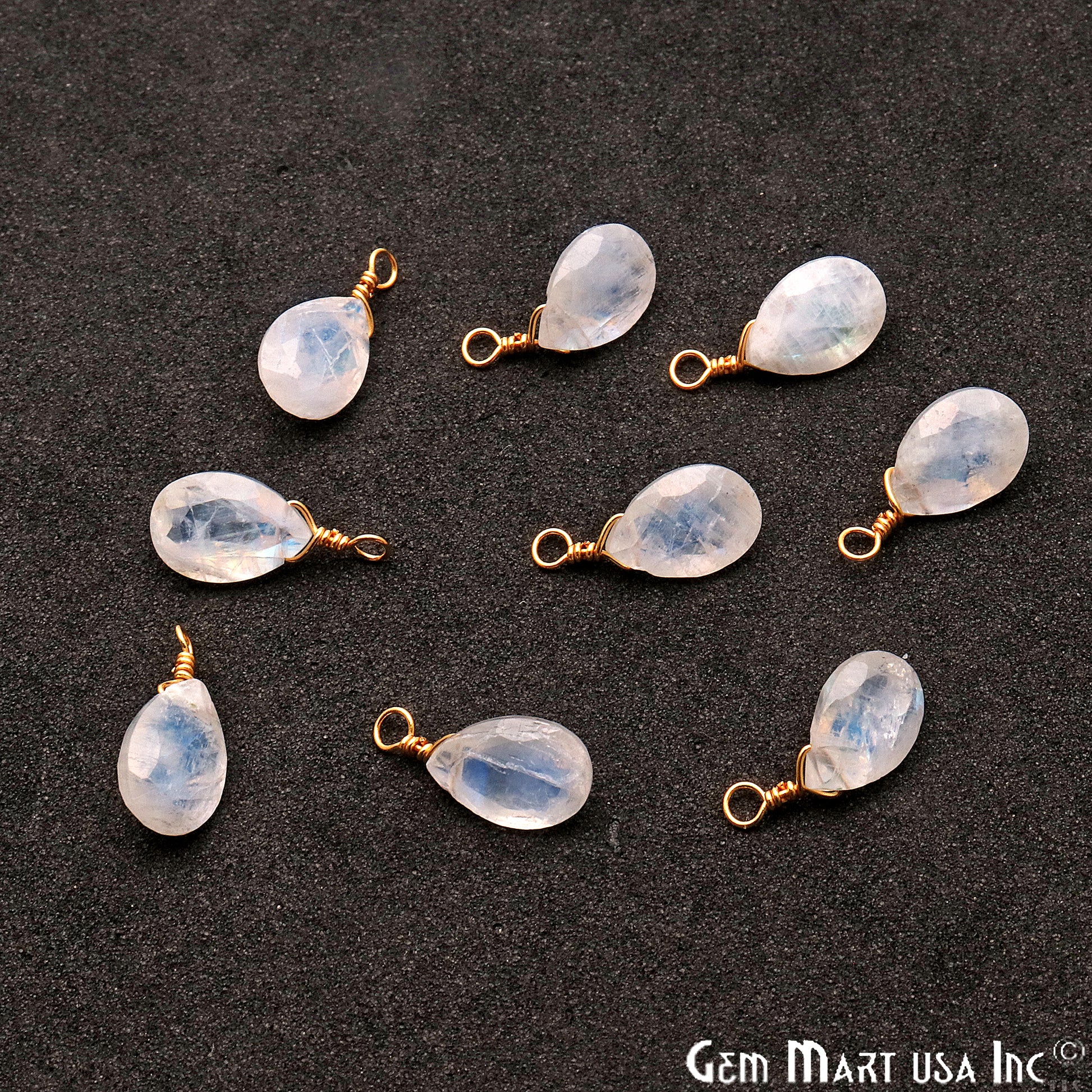 Rainbow Moonstone 7x10mm Pears Single Bail Gold Wire Wrapped Gemstone Connector - GemMartUSA