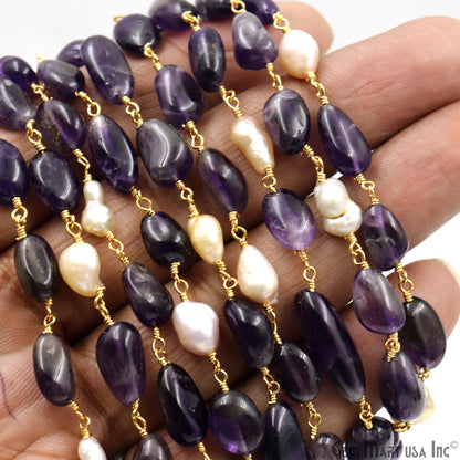 Amethyst & Pearl Tumbled Beads Gold Plated Wire Wrapped Rosary Chain