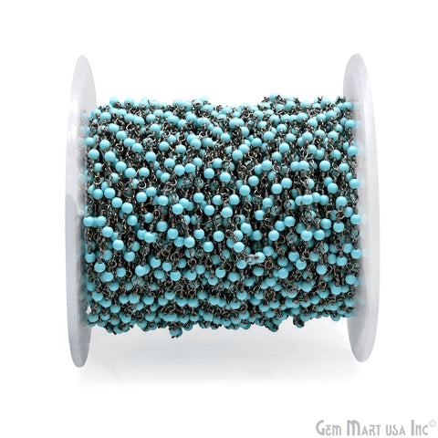Turquoise Cabochon 2mm Oxidized Beaded Wire Wrapped Rosary Chain