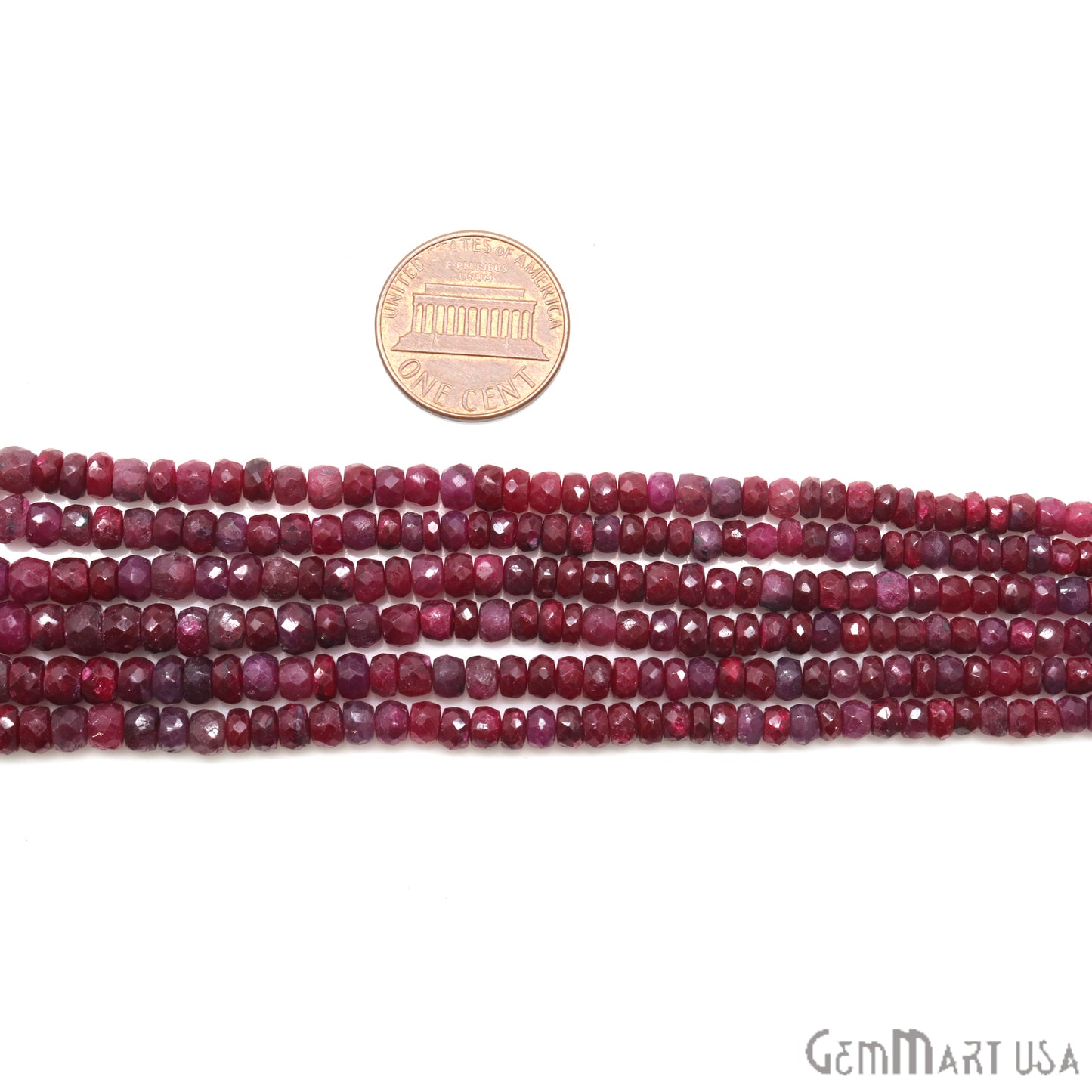 Ruby Rondelle Beads, 13 Inch Gemstone Strands, Drilled Strung Nugget Beads, Faceted Round, 3-4mm