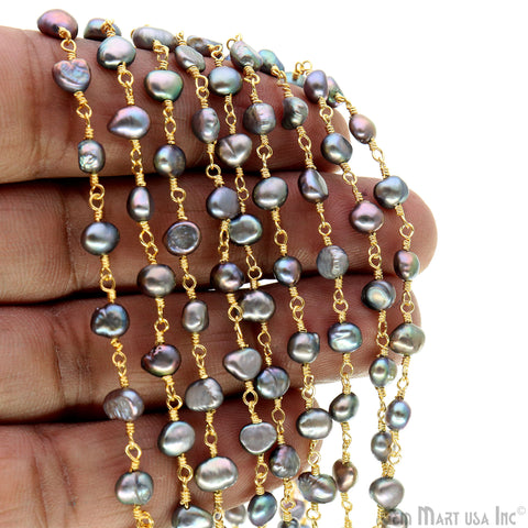 Black Pearl Free Form 5-6mm Gold Wire Wrapped Beads Rosary Chain