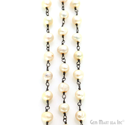 Pearl Round 5-6mm Oxidized Wire Wrapped Beads Rosary Chain