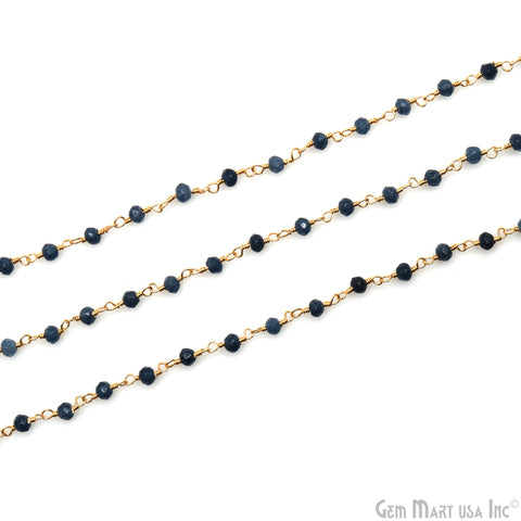 Black Sapphire Jade Faceted 3-3.5mm Gold Wire Wrapped Rosary Chain