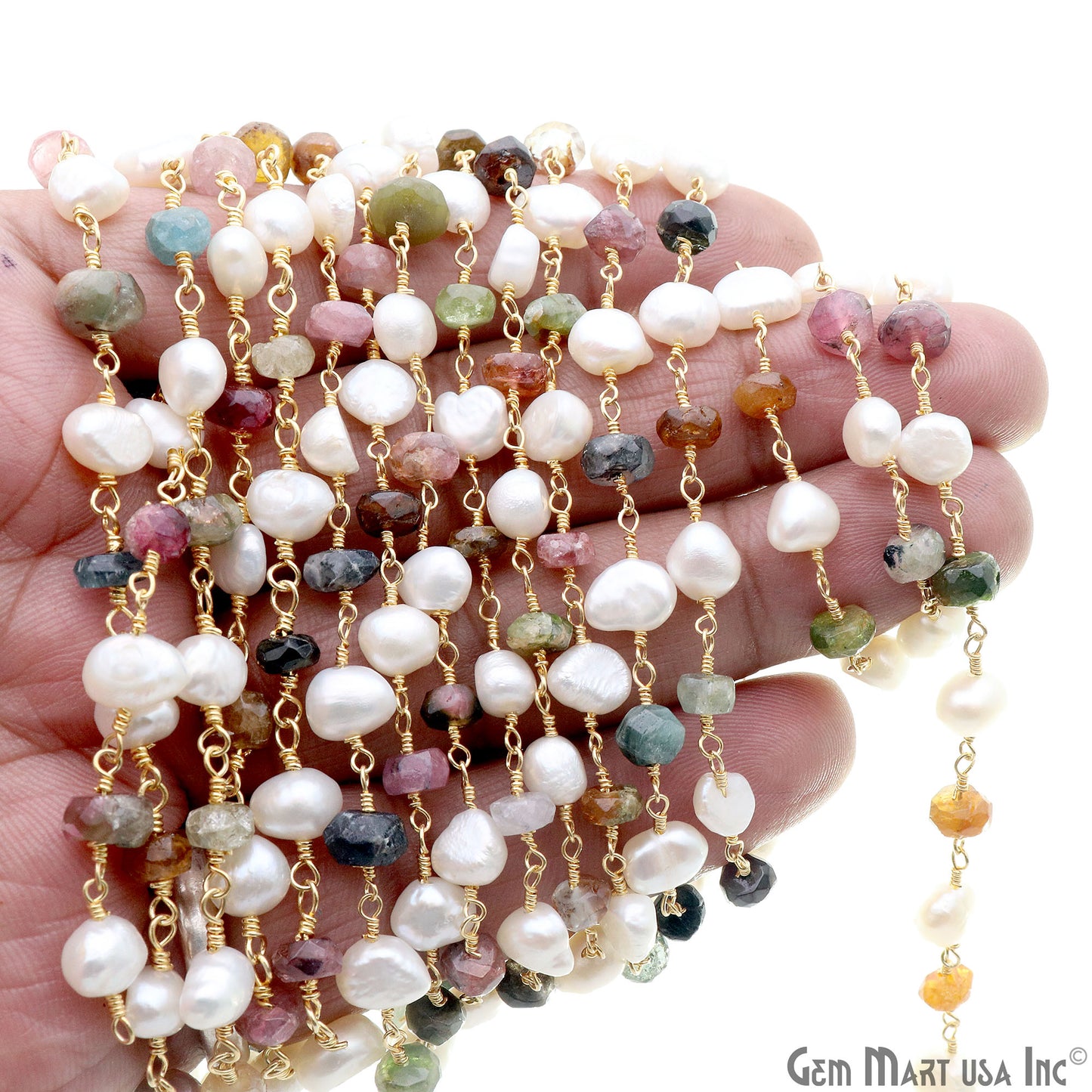 Multi Tourmaline & Freshwater Pearl Gold Plated Wire Wrapped Rosary Chain