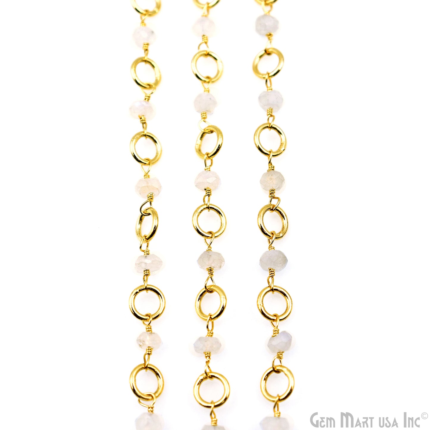 Rainbow Moonstone With Gold Plated Round Finding Rosary Chain