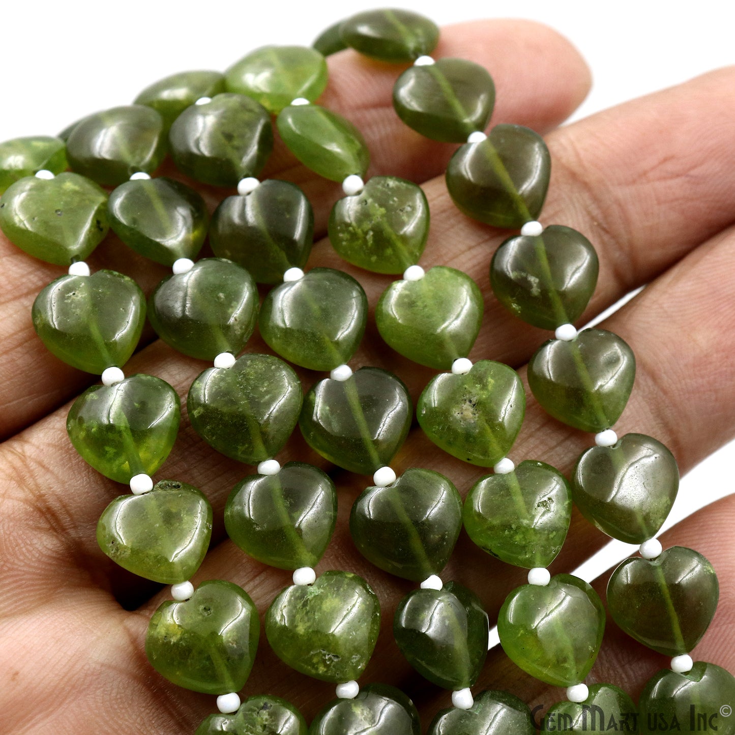 Peridot Heart Beads, 7 Inch Gemstone Strands, Drilled Strung Briolette Beads, Heart Shape, 10mm