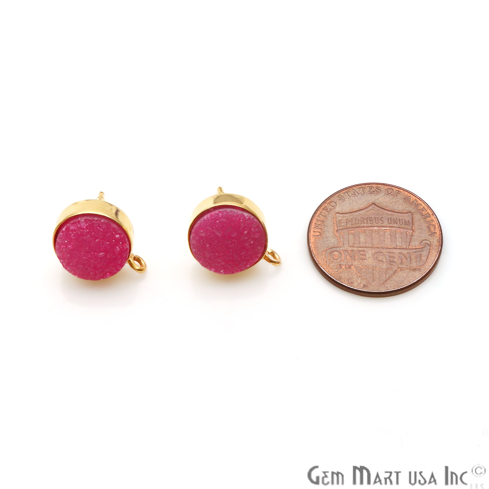Pink Color Druzy Round 10mm Gold Plated Connector Stud Earring - GemMartUSA
