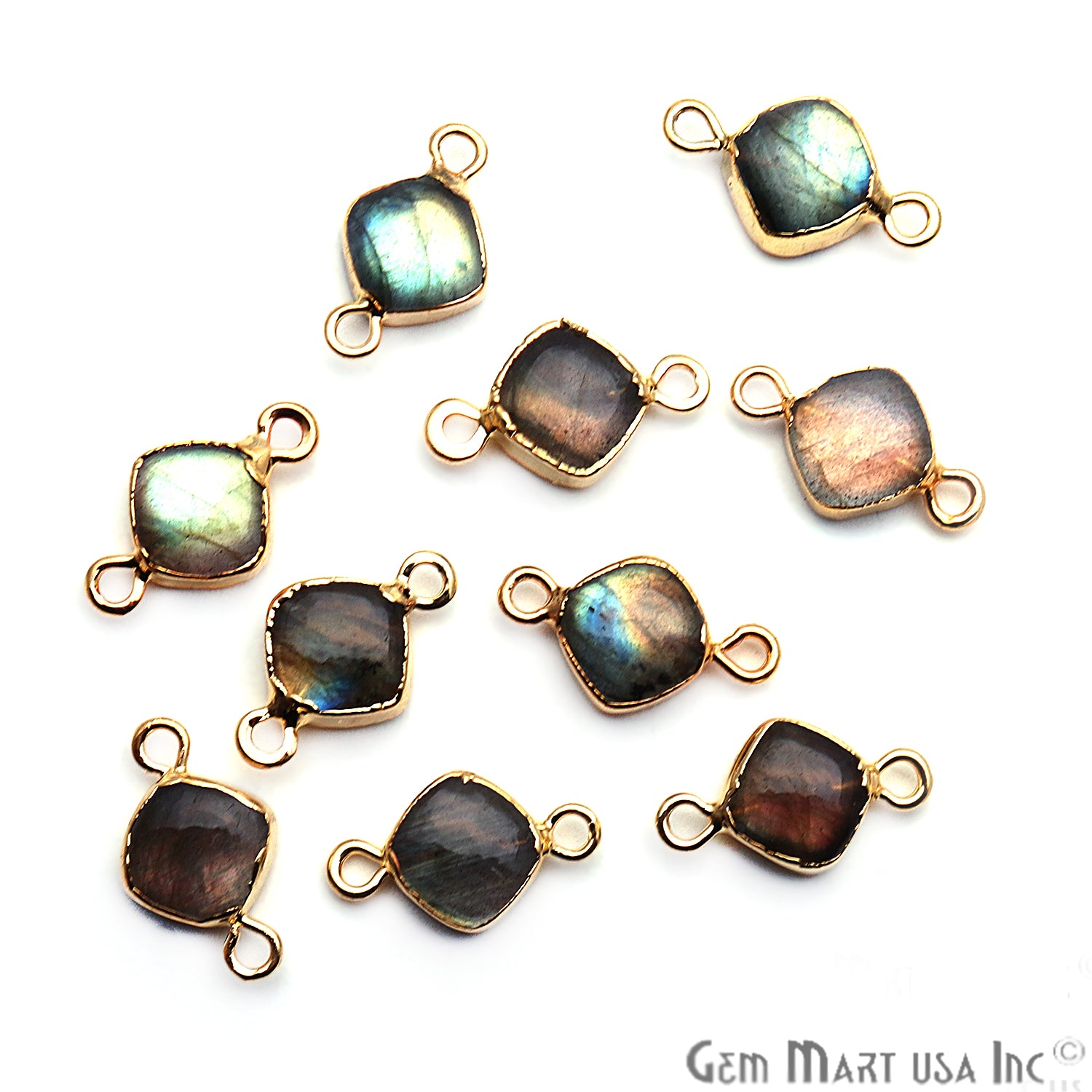 Flashy Labradorite 8mm Cushion Shape Gold Electroplated Double Bail Connector - GemMartUSA