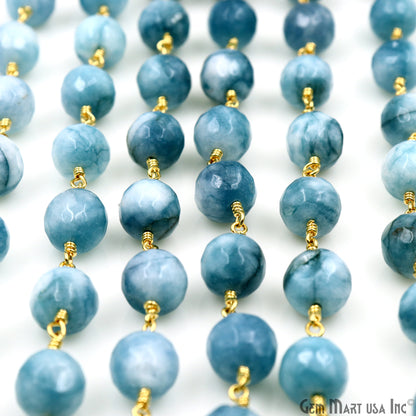 Shaded Turquoise Faceted Beads 10mm Gold Plated Wire Wrapped Rosary Chain