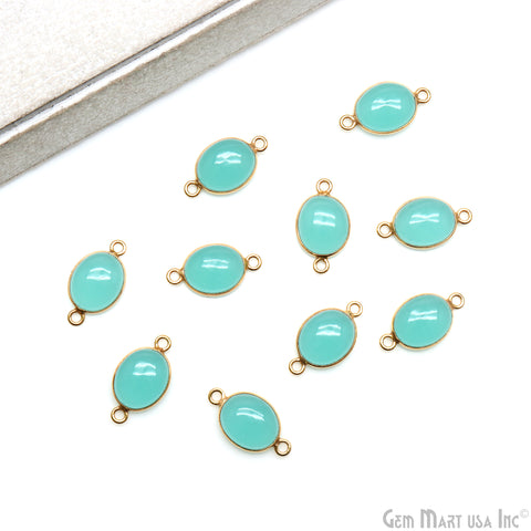 Aqua Chalcedony Oval 9x11mm Gold Plated Double Bail Cabochon Connector