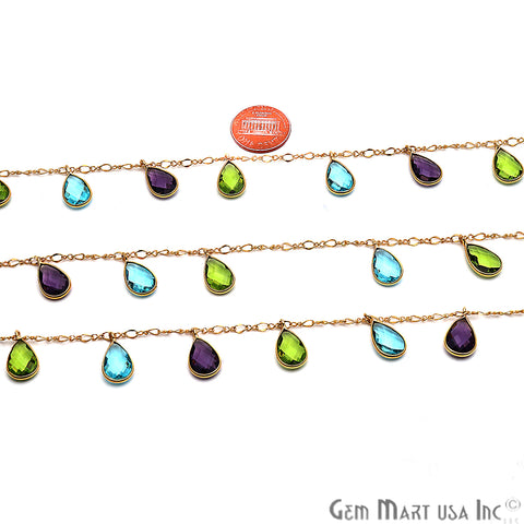 Multi Stone Pear Bezel Gold Plated Dangle Gemstone Rosary Chain - GemMartUSA