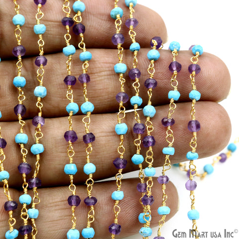Amethyst & Turquoise 3-3.5mm Gold Plated Beaded Wire Wrapped Rosary Chain