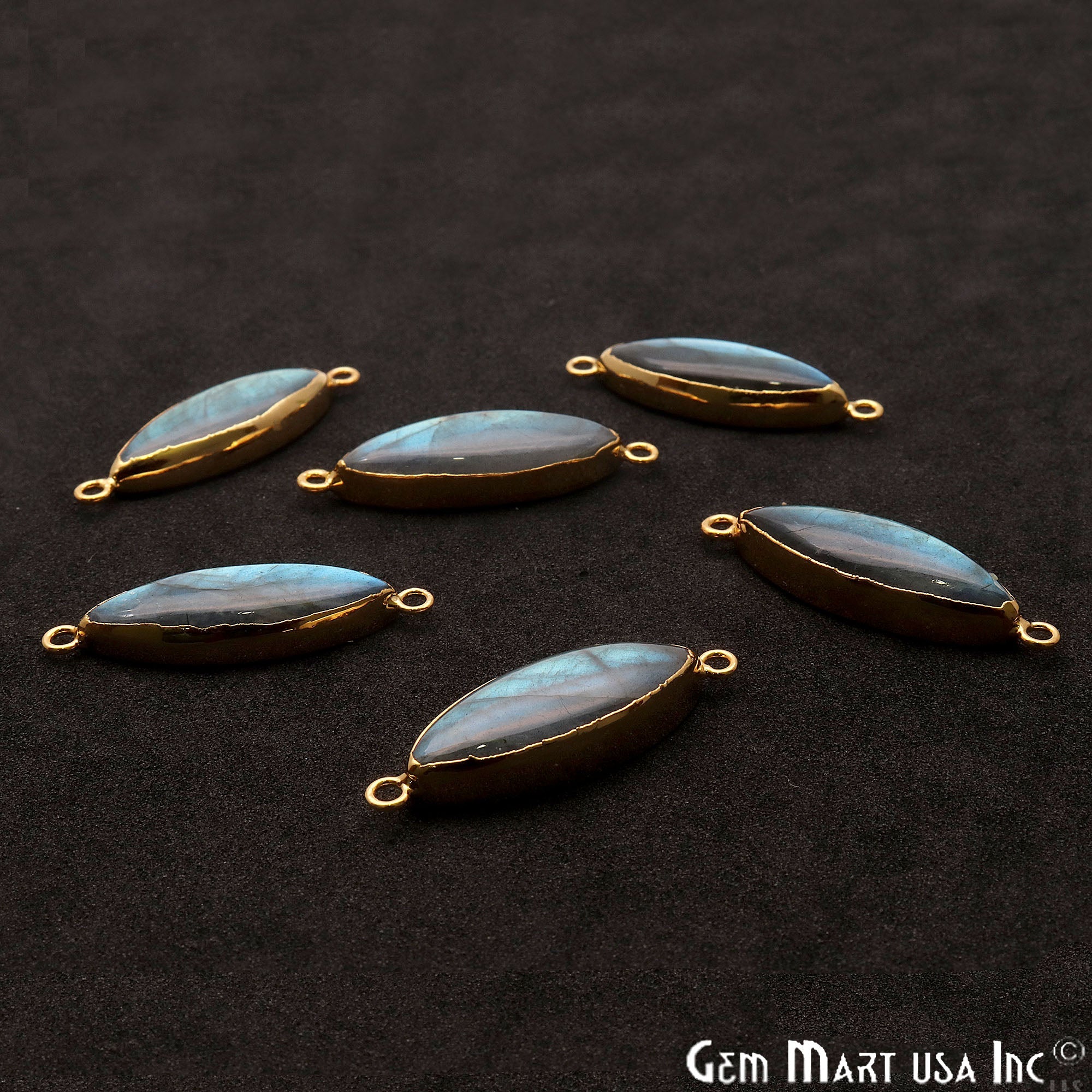 Labradorite Cabochon 35x10mm Marquise Gold Electroplated Double Bail Gemstone Connector - GemMartUSA