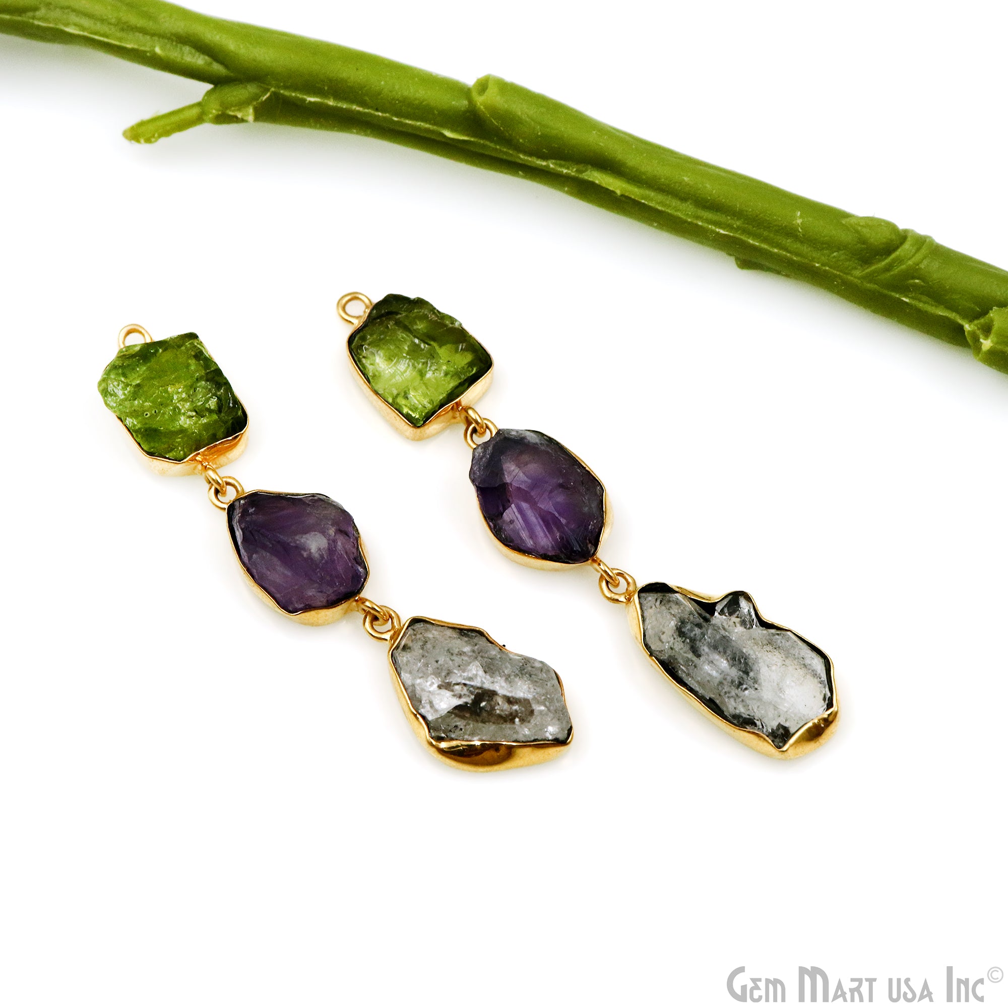 Rough Long Gemstone Bezel Setting Gold Plated Earring Connector