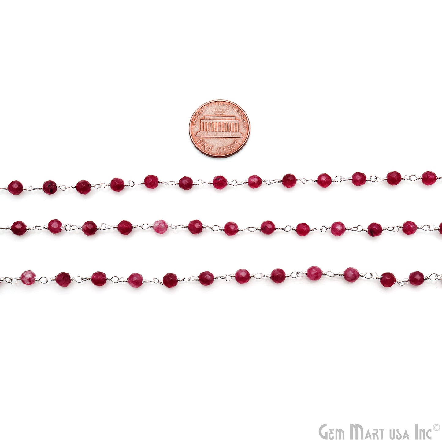 Ruby Jade 4mm Faceted Beads Silver Wire Wrapped Rosary Chain