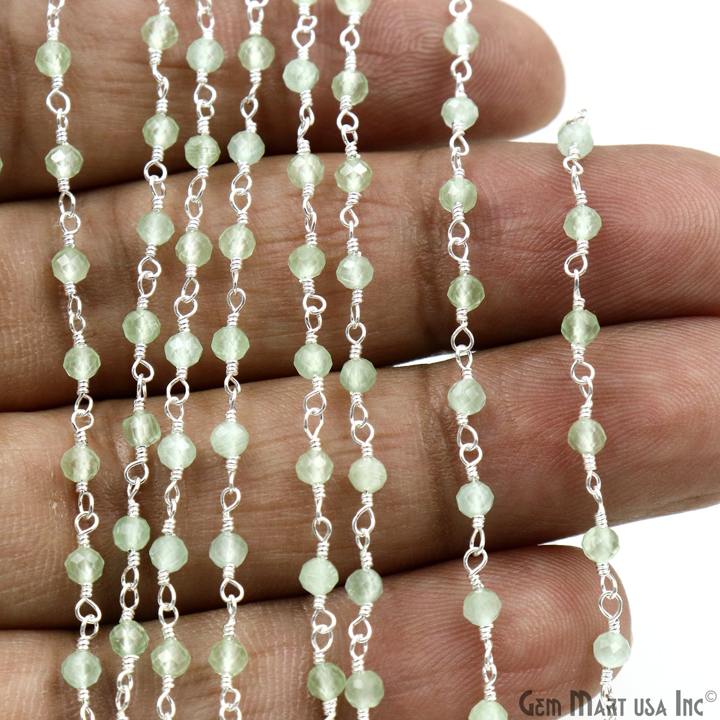 Green Monalisa 3-3.5mm Beads Silver Wire Wrapped Rosary Chain