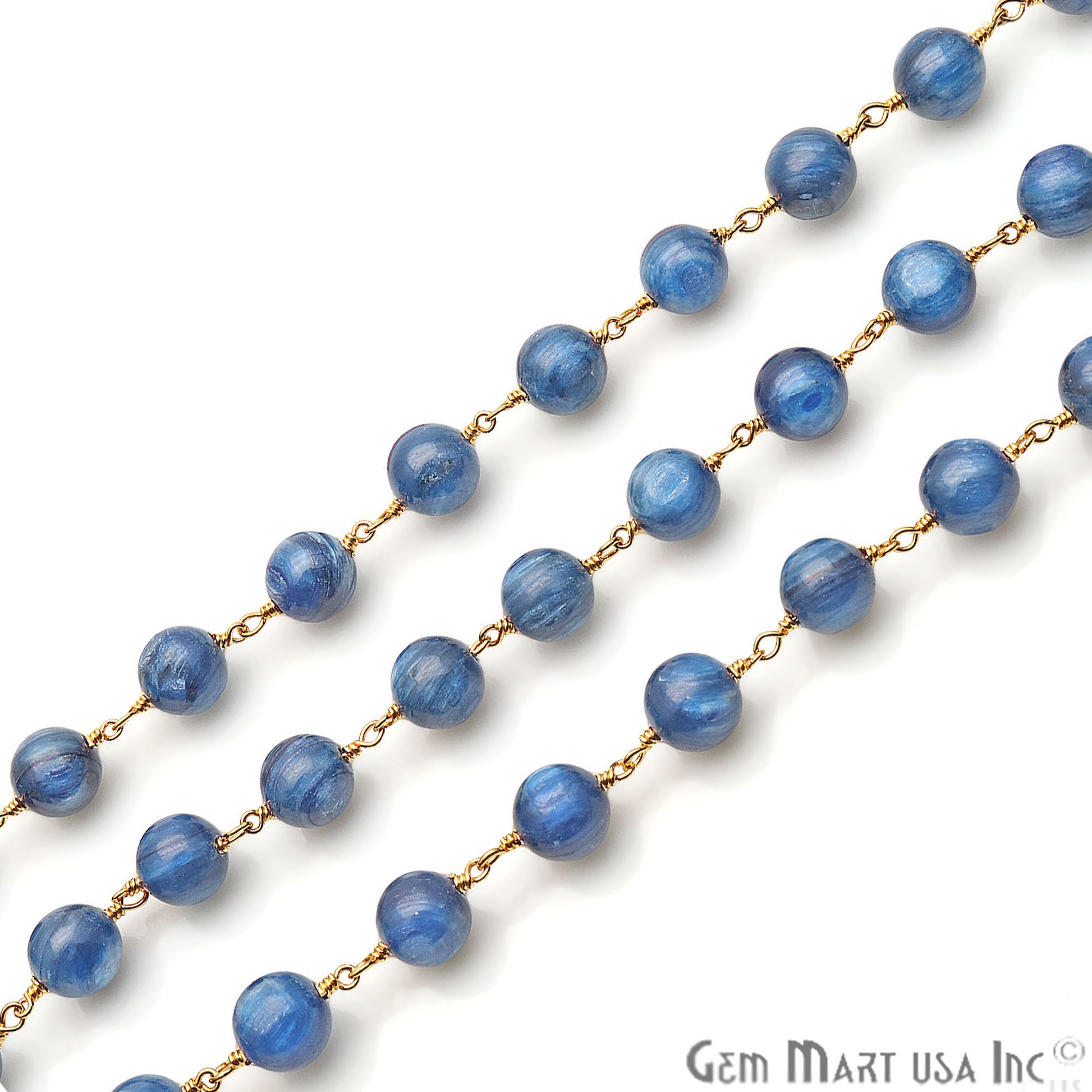 Kyanite Smooth Beads 8mm Gold Plated Wire Wrapped Rosary Chain - GemMartUSA