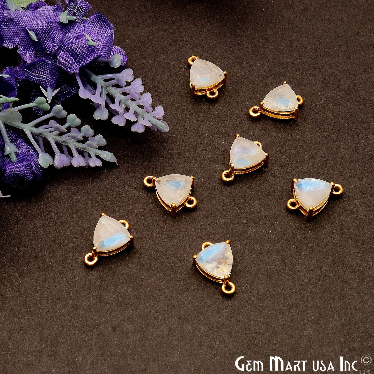 Rainbow Moonstone Prong Setting Gold Plated Flashy Gemstone Connector - GemMartUSA