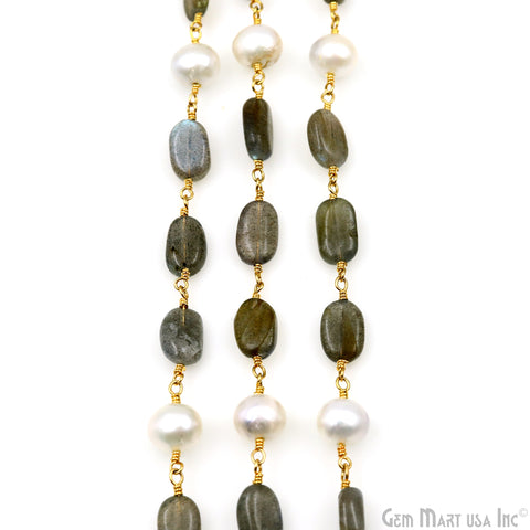 Labradorite Tumble & Pearl Gold Plated Wire Wrapped Rosary Chain