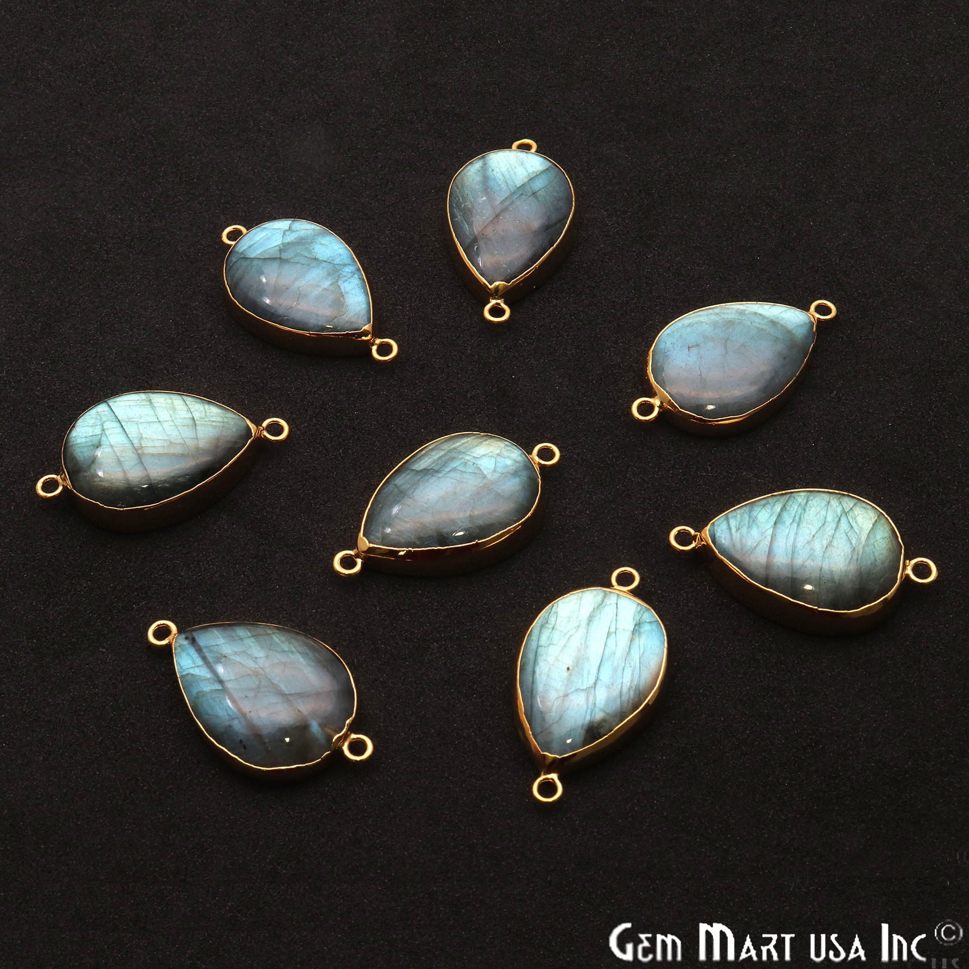 Labradorite Cabochon 32x18mm Pears Gold Electroplated Double Bail Gemstone Connector - GemMartUSA