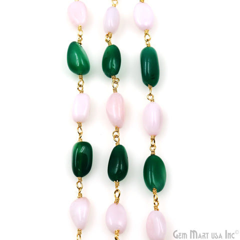 Green Onyx & Pink Opal 12x5mm Tumble Beads Gold Plated Rosary Chain