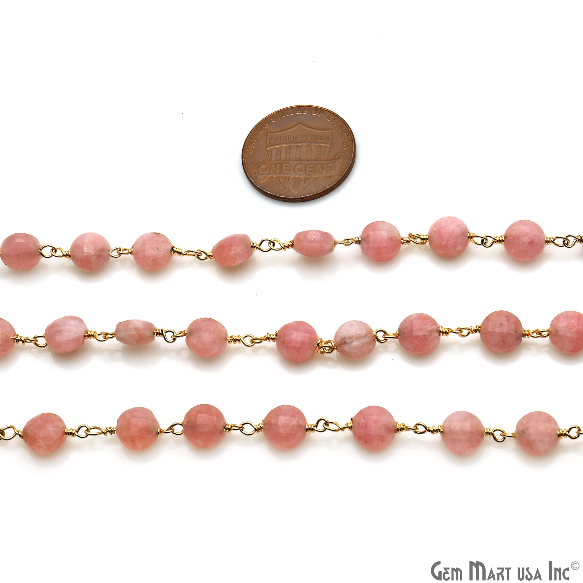 Rhodochrosite Coin Faceted 6mm Gold Wire Wrapped Rosary Chain - GemMartUSA