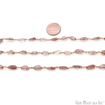 Strawberry Quartz 12x5mm Tumble Beads Gold Plated Rosary Chain