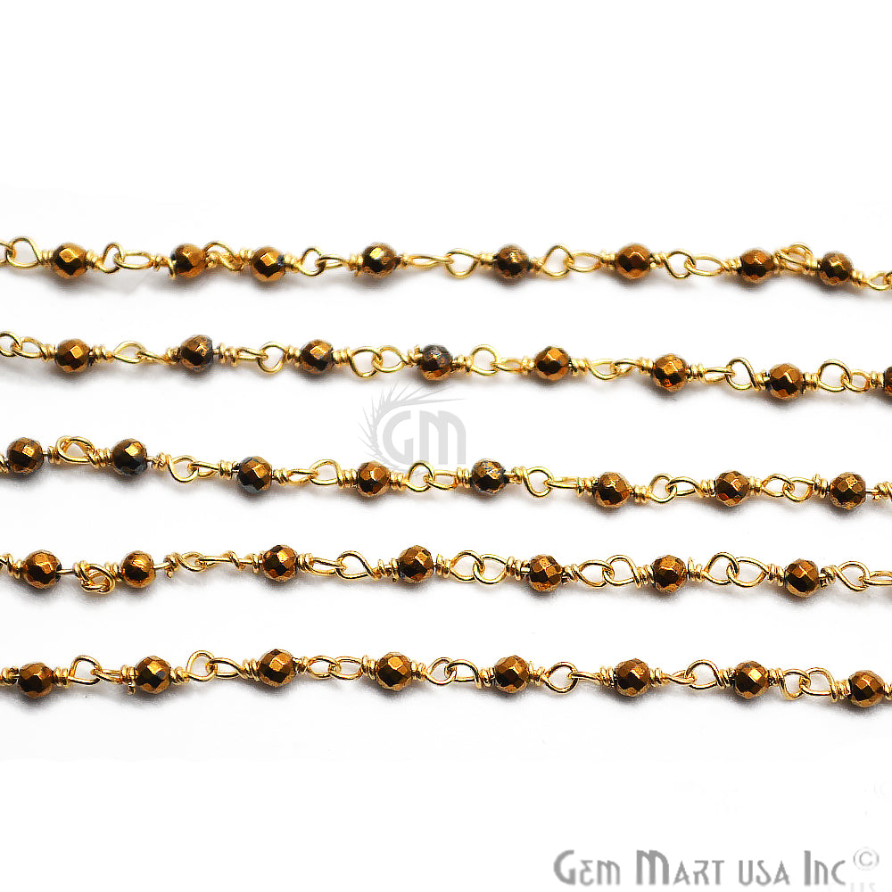 Golden Pyrite Tiny Smooth Round Beads Gold Wire Wrapped Rosary Chain - GemMartUSA