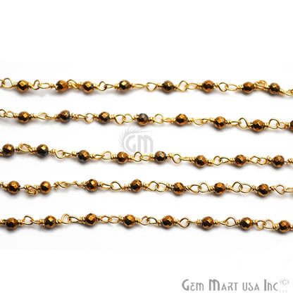 Golden Pyrite Tiny Smooth Round Beads Gold Wire Wrapped Rosary Chain - GemMartUSA