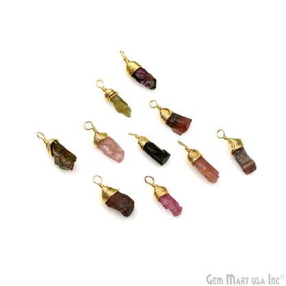 Multi Tourmaline Rough Gemstone 18x6mm Gold Wire Wrapped Single Bail Connector