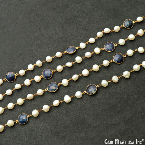 Pearl & Sapphire Gold Wire Wrapped Beaded Rosary Chain