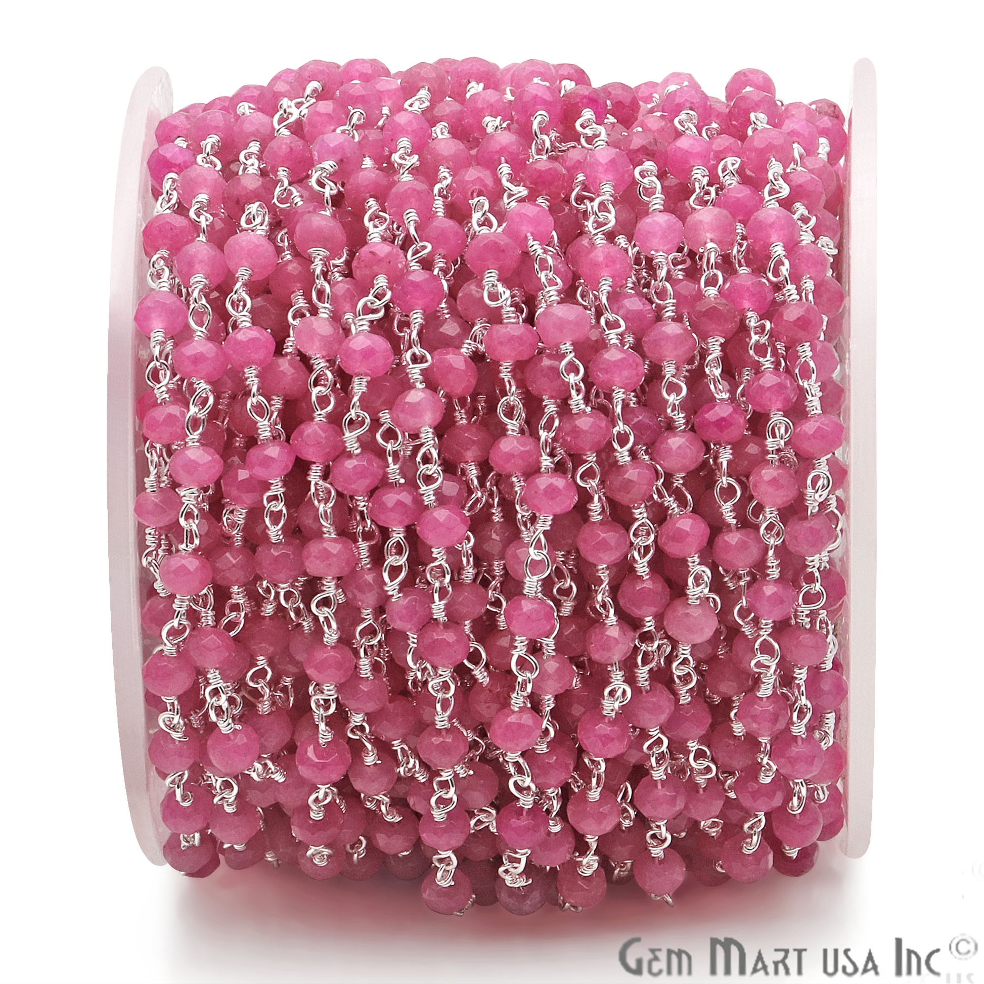 Hot Pink Jade Beads 4mm Silver Plated Wire Wrapped Rosary Chain - GemMartUSA