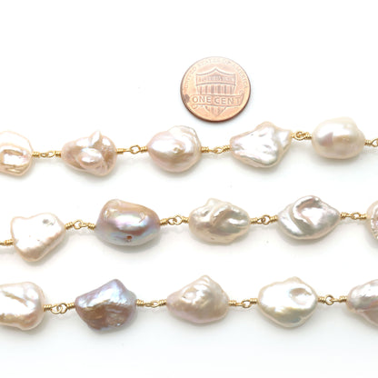 Pink Pearl Free Form 17x12mm Gold Wire Wrapped Rosary Chain