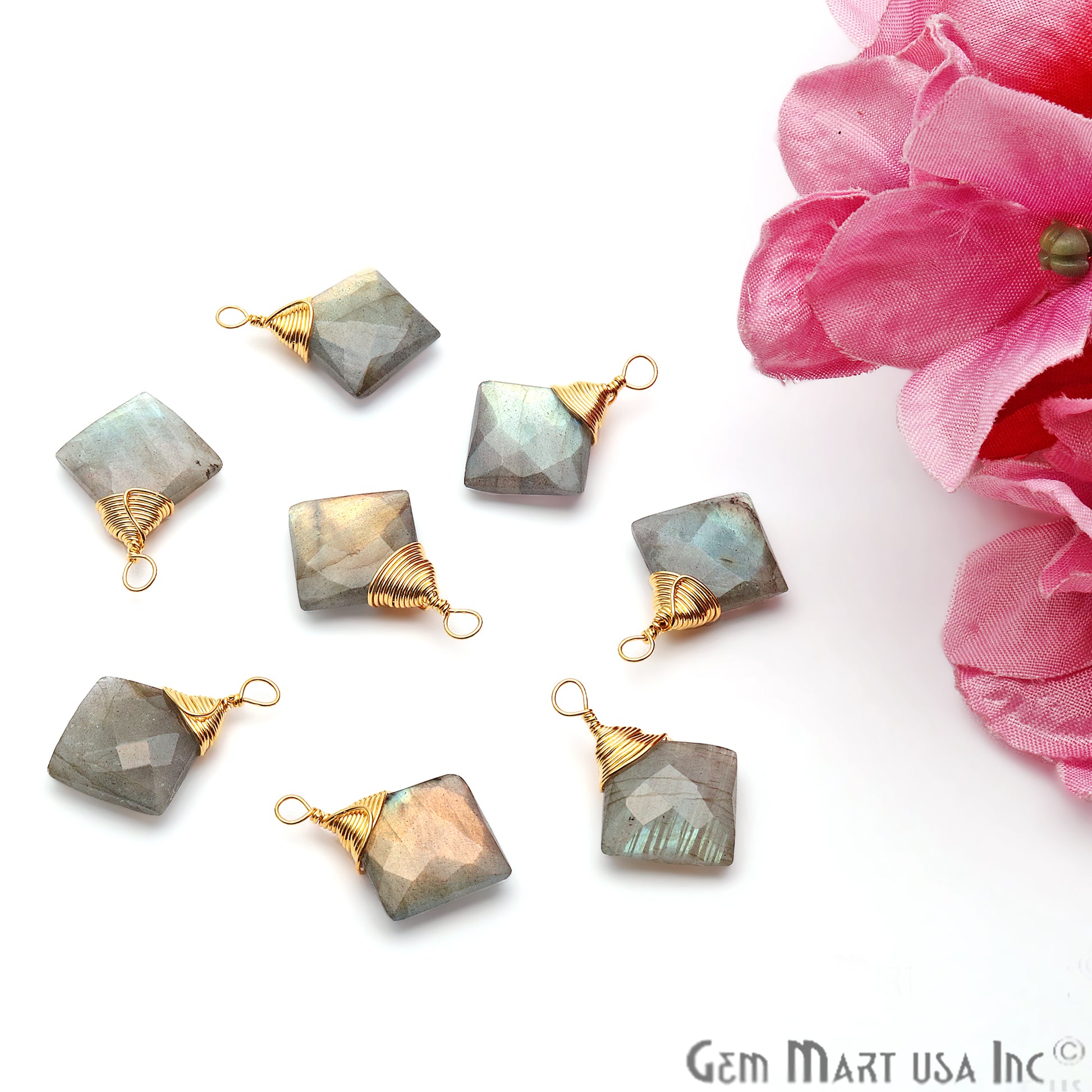 Labradorite Square 12mm Gold Plated Wire Wrapped Gemstone Connector - GemMartUSA