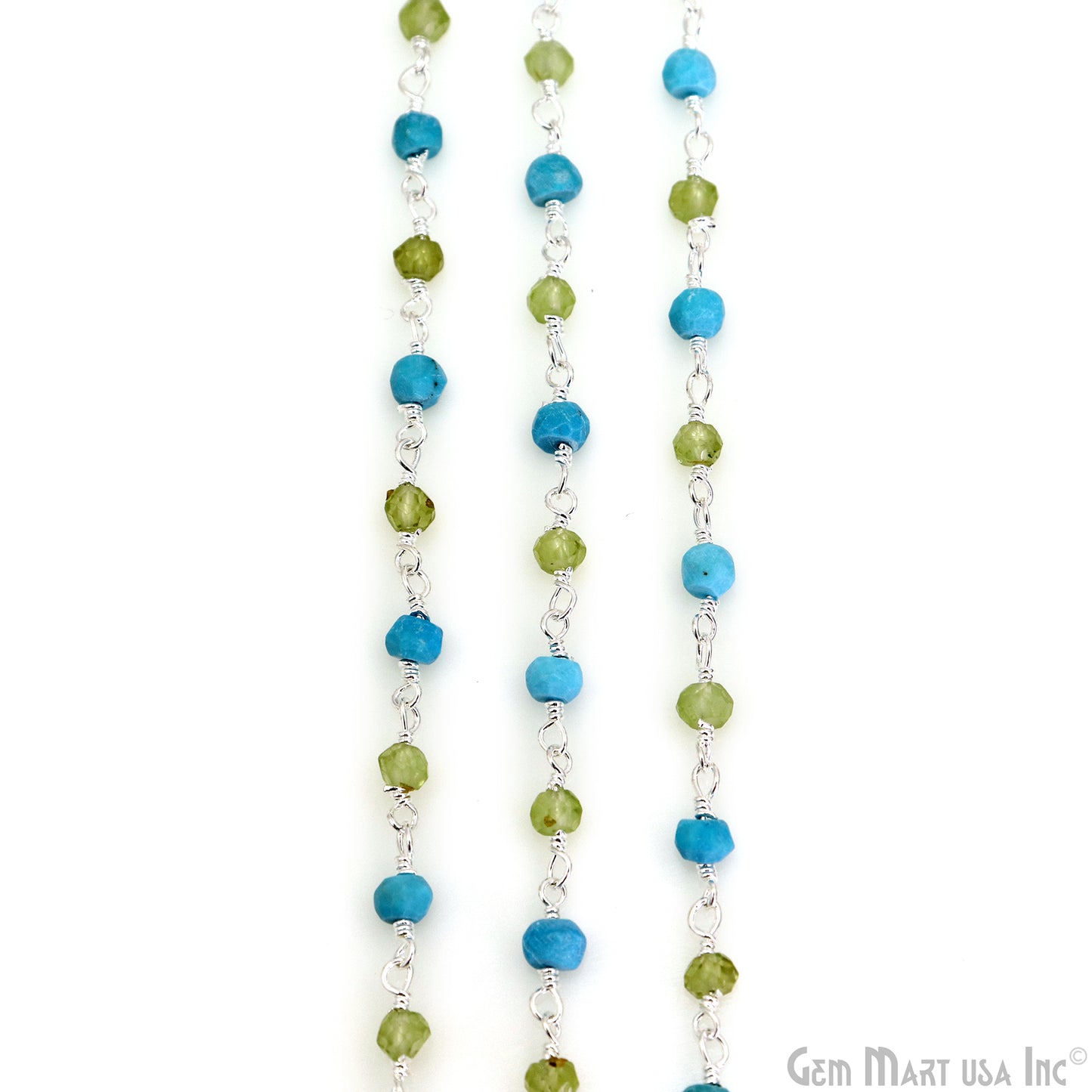 Turquoise & Peridot Bracelet 3-3.5mm Silver Plated Wire Beads Rosary Chain