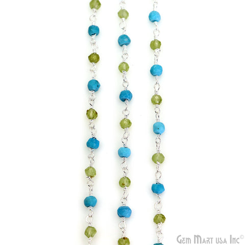 Turquoise & Peridot Bracelet 3-3.5mm Silver Plated Wire Beads Rosary Chain