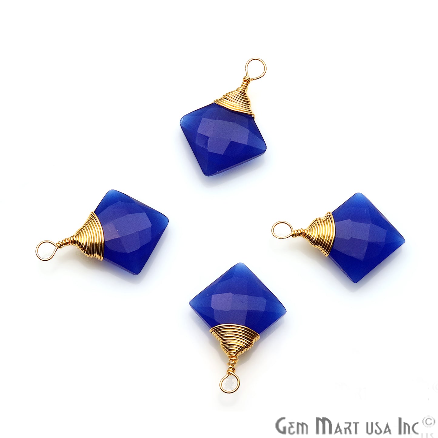 Blue Chalcedony Square 12mm Gold Plated Wire Wrapped Gemstone Connector - GemMartUSA