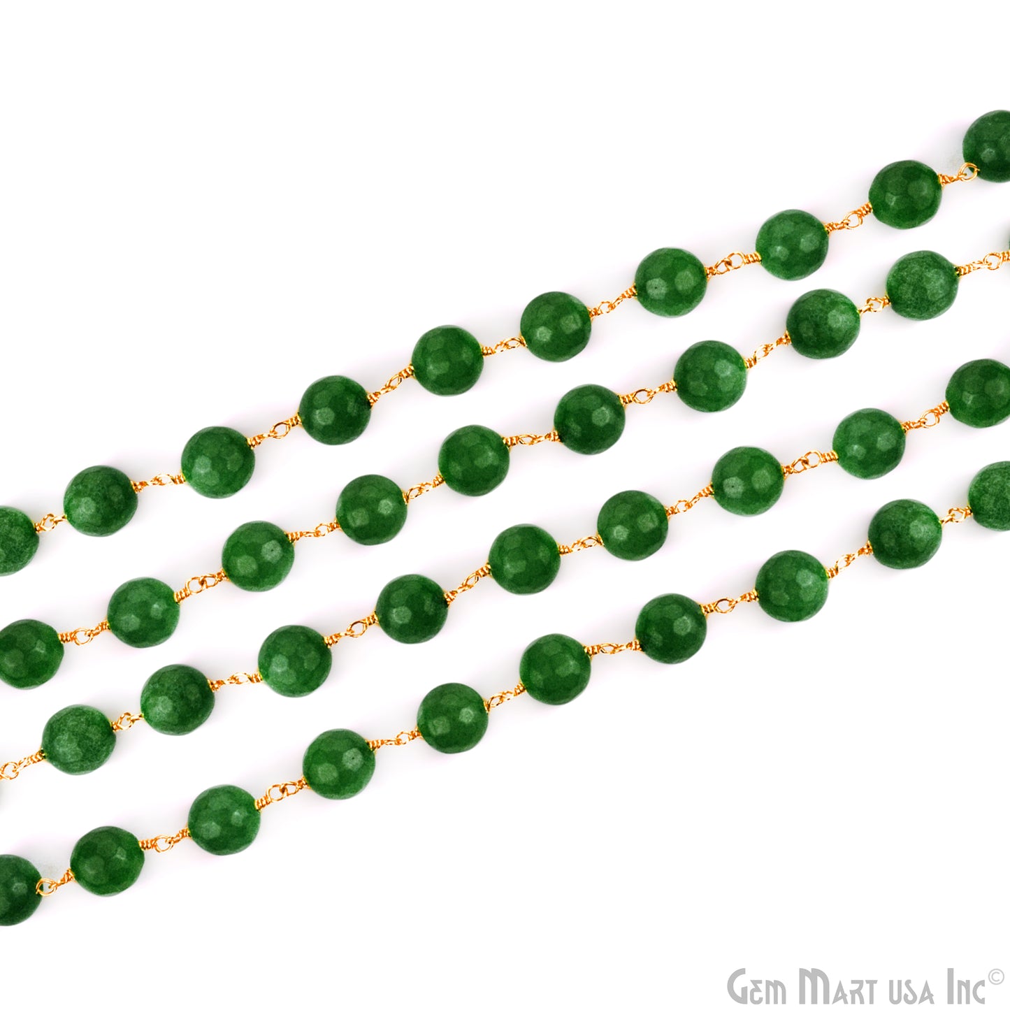 Green Jade Faceted Beads 8mm Gold Plated Wire Wrapped Rosary Chain