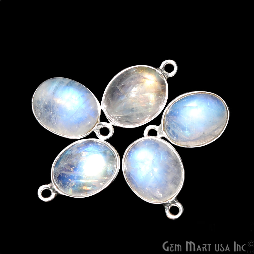 Rainbow Moonstone Cabochon 9x11mm Oval Silver Plated Single Bail Gemstone Connector - GemMartUSA